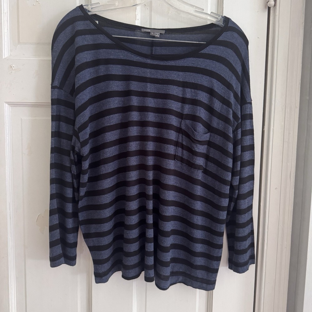 Vince‎ Women's Navy Black Striped Long Sleeve Top L Minimalist Lightweight
